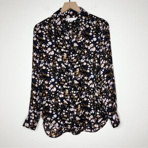 A.L.C Silk Button Up Blouse Navy Pink Tan Splatter Print Long Sleeve size 2